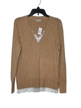 Loft Women Sweater Appliqués Lace Trim Long Sleeve Pullover V-Neck Tan S... - £17.90 GBP