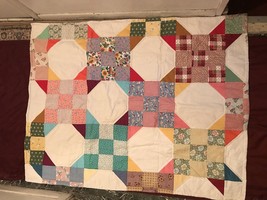 Patchwork Lap Quilt 36 x 42 White Pink Floral Geometci Gently Used - £55.03 GBP