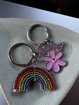 Lot of Beaded Rainbow &amp; Purple Enamel Flower BEST Silvertone Key Chains – the - £8.99 GBP