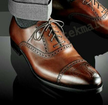 Handmade Men&#39;s Leather Oxford Designer Wing Tip Brogues Brown Formal Shoes-807  - £173.14 GBP