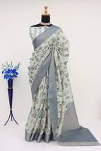 SOFT SILK SAREE WITH FLORAL &amp; GEOMETRIC DIGITAL PRINT AND GOLDEN JARI WE... - £70.95 GBP