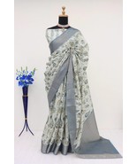 SOFT SILK SAREE WITH FLORAL &amp; GEOMETRIC DIGITAL PRINT AND GOLDEN JARI WE... - $95.00