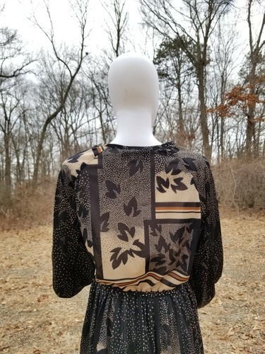 Vintage 1970s Fit & Flare black secretary Semi Sheer Leaf Print Midi Dress W28" Item image 4