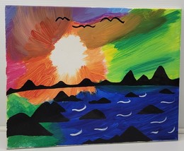 Beach Ocean Sunset Sky Stretched Canvas Painting Art 20 x 16&quot; - $9.89