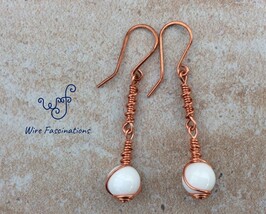 Handmade copper earrings: wire wrapped white tridacna with coil wrapped link - £22.38 GBP