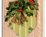 A Merry Christmas Holly Gold Bells EMbossed DB Postcard H29 - $3.91