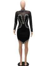 Kricesseen  Crystal Glam Rhinestone  work Mini Dress Women Long Sleeve Bodycon S - £73.27 GBP