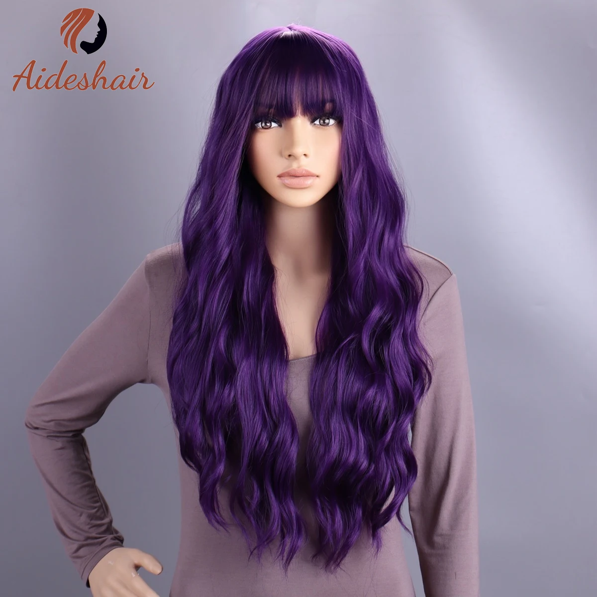 Purple Wigs for Women 28&quot; Long Lavender Purple Wig with Bangs Curly Wavy Natur - £11.37 GBP+