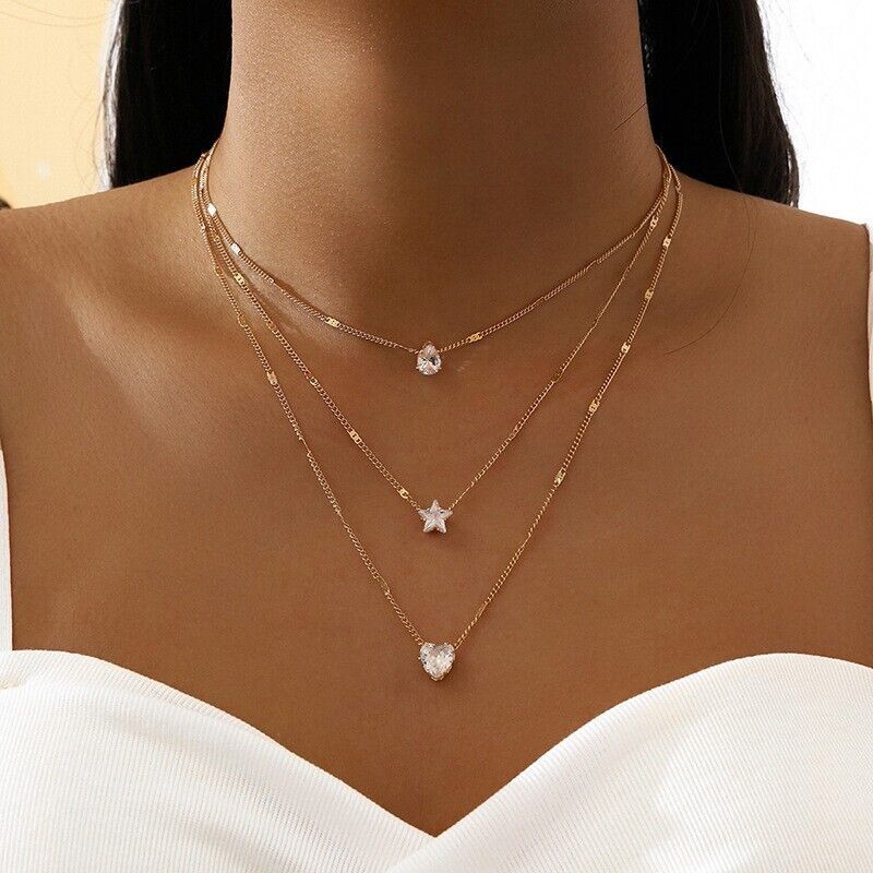 Primary image for Crystal Zircon Heart Star Charm Layered Pendant Necklace Set for Women Charms