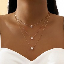 Crystal Zircon Heart Star Charm Layered Pendant Necklace Set for Women C... - £4.16 GBP