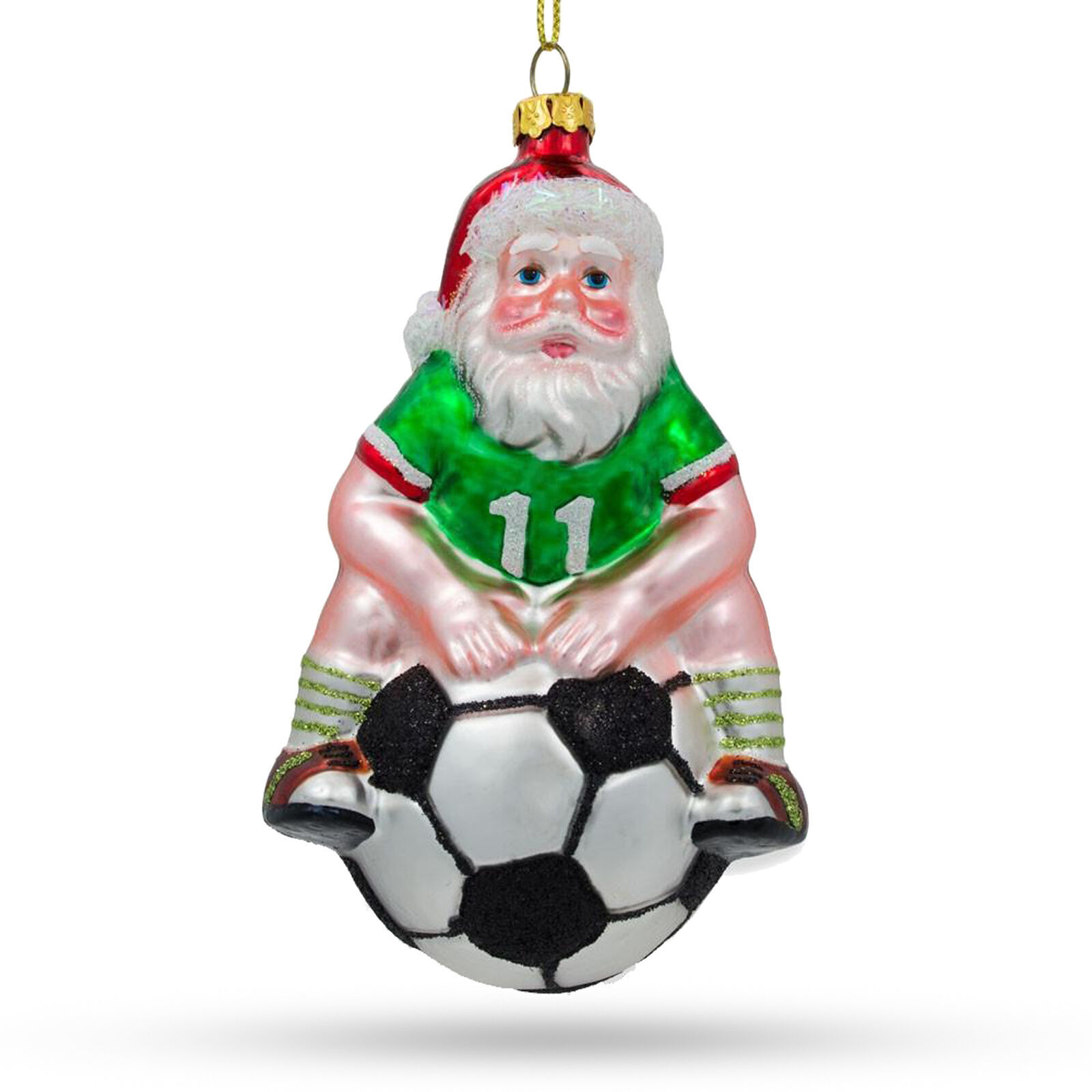 Primary image for Santa on a Soccer Ball Glass Christmas Ornament 5.25 Inches