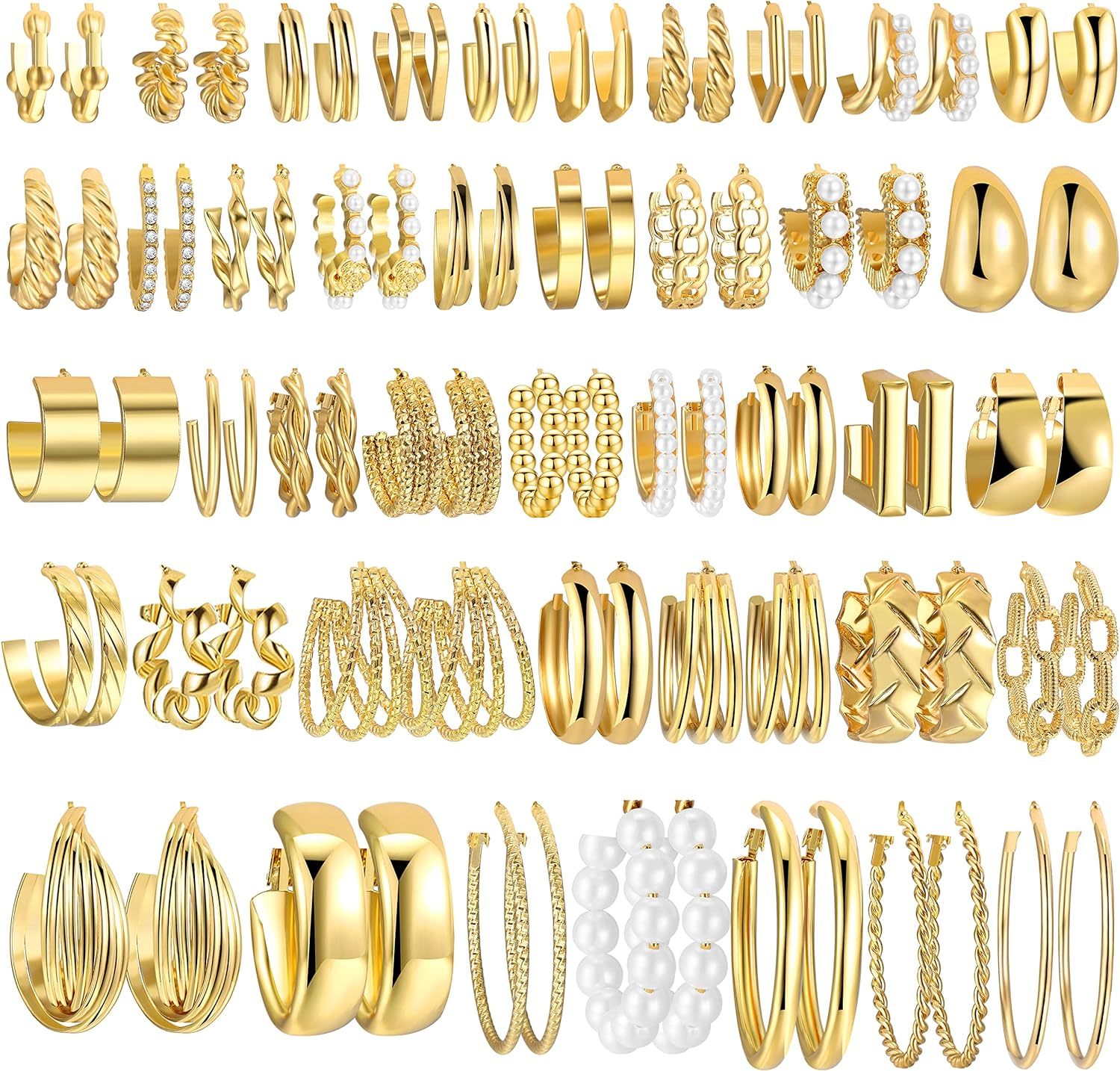 42 Pairs Gold Hoop Earrings Set for Women Fashion Chunky Pearl Earrings Multipac - $39.72