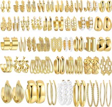 42 Pairs Gold Hoop Earrings Set for Women Fashion Chunky Pearl Earrings ... - £31.23 GBP
