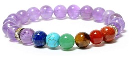 7 Chakra Amethyst Bracelet 8 mm Bead Reiki Healing and Vastu,Meditation - £27.21 GBP