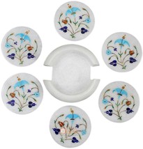 White Marble Coaster Set Handicraft Inlay Precious Stone Floral Arts Decor E1983 - £241.59 GBP