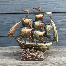 Vintage Tin Copper Tone Metal Sail Boat Ship Nautical Musical Box Brutalist Deco - £33.88 GBP