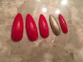 Set Of Painted Red &amp; Gold Glitter Long Stiletto Nails choose your shape - $7.92