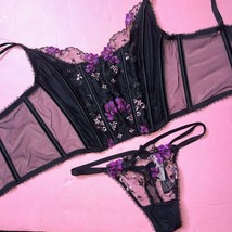 Victoria&#39;s Secret S-DD 32DD,34D,34DD Corset Top Bra Set Black Purple Embroider - £88.68 GBP