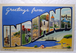 Greetings From Indiana Large Letter Postcard Linen Curt Teich Boat Steel Mills - £8.18 GBP