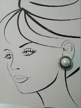 Vintage Clip Goldtone Button Earrings Faux Mabe Pearl Green Enamel &amp; Rhinestone - £25.28 GBP