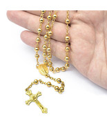 METAL ROSARY 26&quot; Necklace 6&quot; Drop 6mm Gold Tone Prayer Beads Catholic Cr... - $3.95