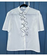 Vintage White Black Trim Ruffle Chest Blouse XL 18 Retro Mod Secretary - $19.80