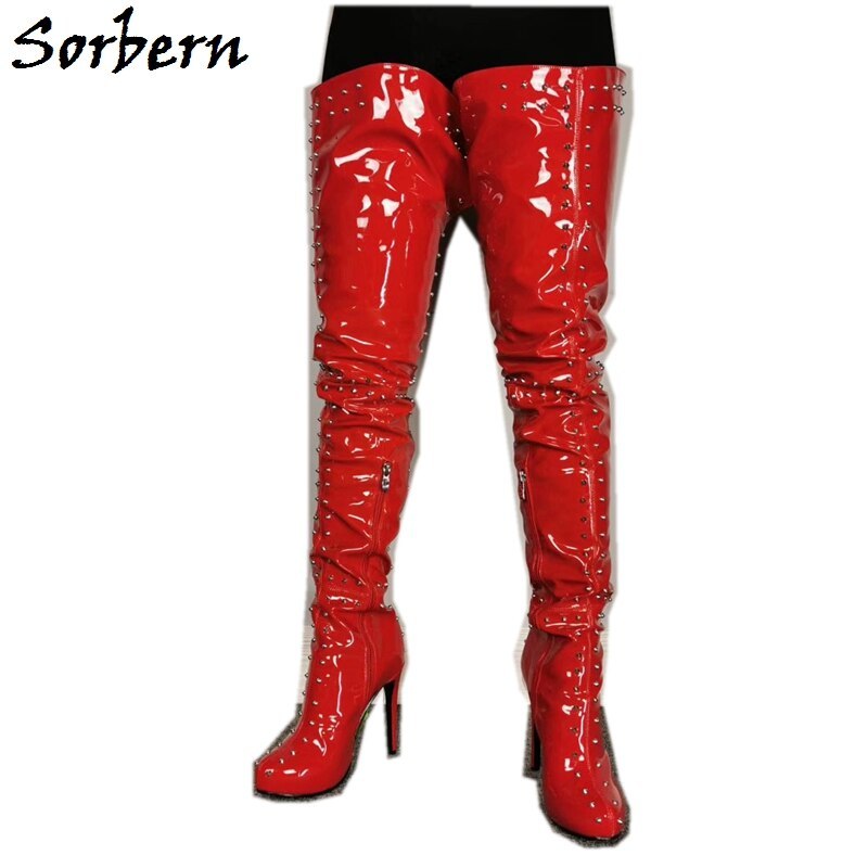 Primary image for Red Patent Crotch Thigh High Boots Women Over The Knee High Heel Studs Punk Rive