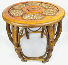 1960s Bent Bamboo 18&quot; T Foot Stool Side Drinks Table Inlaid Pebbles Tiki Boho - £237.10 GBP