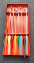 Fondue Forks Stainless Steel Colorful Plastic Handles Box of 8 Japan - £17.45 GBP