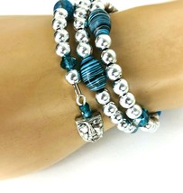 Turquoise Crystal Agate Bead Silver Memory Wire Bracelet Face Mask Charms  - £14.42 GBP