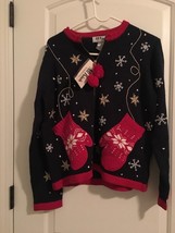 All Points Adult Ugly Christmas Sweater Zip Up Snowflakes &amp; Mittens Size Small - £34.25 GBP