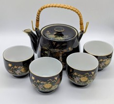 Kutani Tea Pot Sake Set Floral Motif Gold Trimmed from 1960s EVC - $27.00