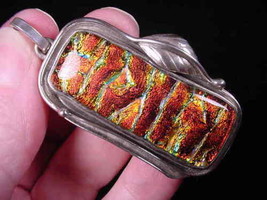 (#D-700) Dichroic Fused Glass Pendant Silver Orange Green Snake - £85.94 GBP