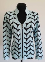 V Neck Light Blue Genuine Leather Leaf Jacket Womens All Sizes Zipper Sh... - $225.00