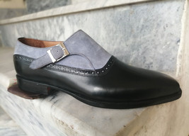 Mens Gray Black Two Tone Handmade Genuine Leather One Piece Monk Strap Shoes - £119.87 GBP+