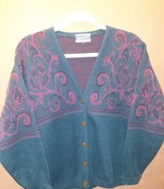 Vintage 80&#39;s Pendleton Oversized Cardigan Sweater Teal Fuschia Botanical - £35.02 GBP
