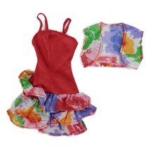 Vintage Early 90s Barbie Red Ruffle Hem Short Dress Matching Floral Vest Shrug - £6.38 GBP