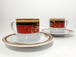 Aiglon Demitasse Espresso Cups and Saucers 2 oz Set of 2 White Brown Red - $21.00