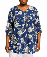 Bobeau Womens Plus Size 3X Floral Print Pleated Top Blouse Roll Tab Blue... - $34.64