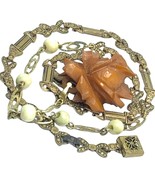 Art Deco Era 1930 carved bakelite rose pendant brass tone chain 20”+2” Drop - $179.90 CAD