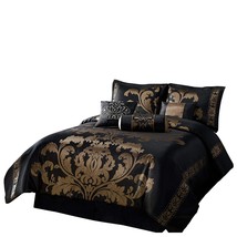 Chezmoi Collection Royale 7-Piece Jacquard Floral Comforter Set, Queen, Black/Go - £122.29 GBP