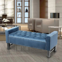Blue Storage Ottoman Microfiber Bench Upholstered Seat Rectangle Footrest Stool - £291.05 GBP