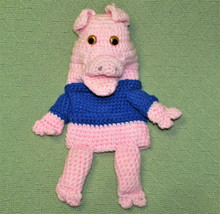 Vintage Crochet Pig Hand Puppet Handmade Knit Full Body 13&quot; Animal Pink Blue Toy - £7.42 GBP