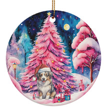 Cute Australian Shepherd Puppy Dog Pink Tree Ornament Ceramic Night Christmas - £11.82 GBP