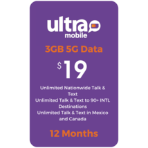 Ultra Mobile $19 Plan 3GB Lte Unlimited Call+Text 12 Months Included Triple Sim - £155.86 GBP