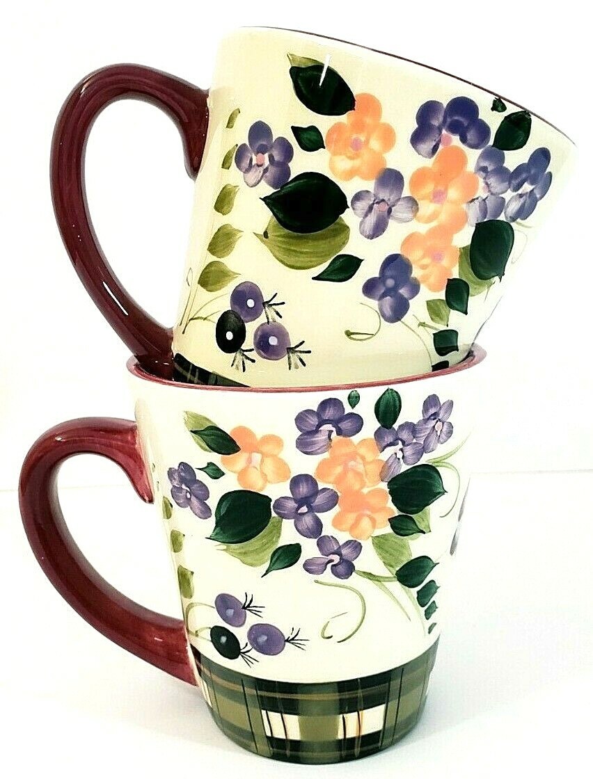 Strawberry Plaid Oneida Coffee Cups  Set of 2 Hand painted 4&quot; x 3.75&quot; - $13.55
