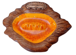 Vintage Treasure Craft Lava Red Orange Ashtray Washington Faux Wood Glaze - $10.20