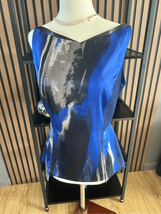 Tahari blue lined blouse top with leather accent size small classy offic... - $24.75
