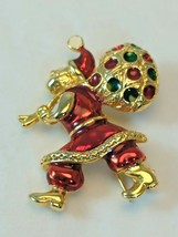 Vintage Enamel Santa Claus Jeweled Bag Sack Pin Gold Tone Brooch Old World Style - £10.41 GBP