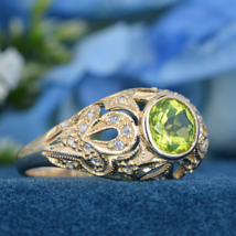 Natural Peridot and Diamond Vintage Style Floral Filigree Ring in Solid 14K Gold - £740.62 GBP
